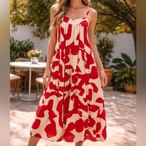 Abel The Label Red And White Maxi Dress Pockets Size Medium